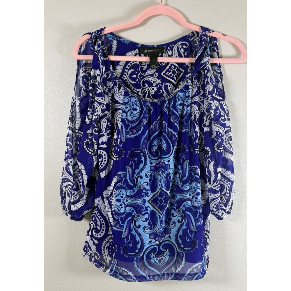 INC International Concepts Petite M Blue Paisley Cold Shoulder Blouse